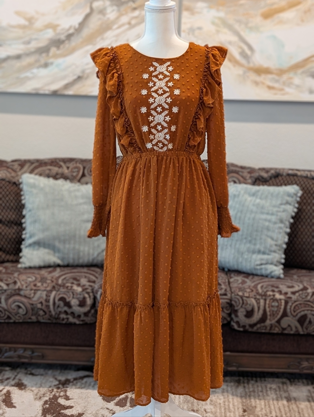 Rust Orange Long Sleeve Swiss Dot Midi Dress with White Embroidery